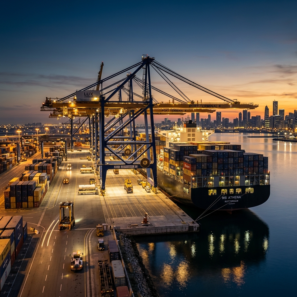 Container vessel cargo terminal loading at dusk